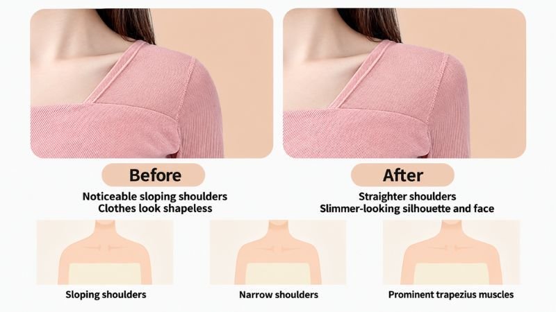 Before-and-after comparison showing how reusable silicone shoulder pads improve the appearance of sloping shoulders and create a straighter, more balanced shoulder silhouette.