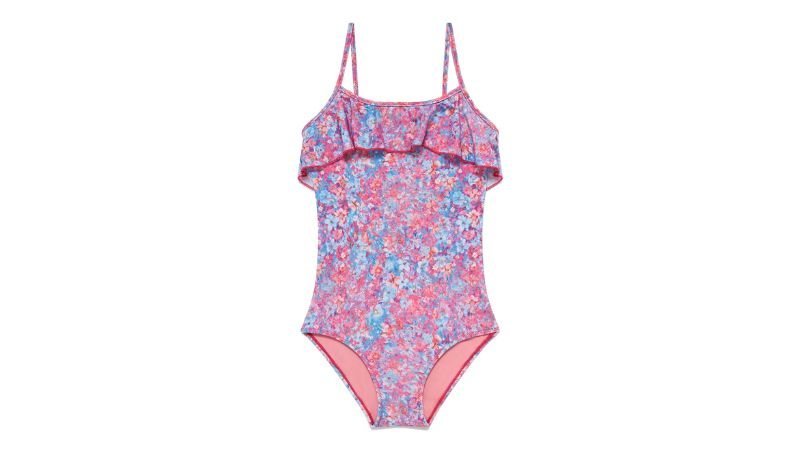 Girls floral one-piece swimsuit with ruffle neckline and pink lining