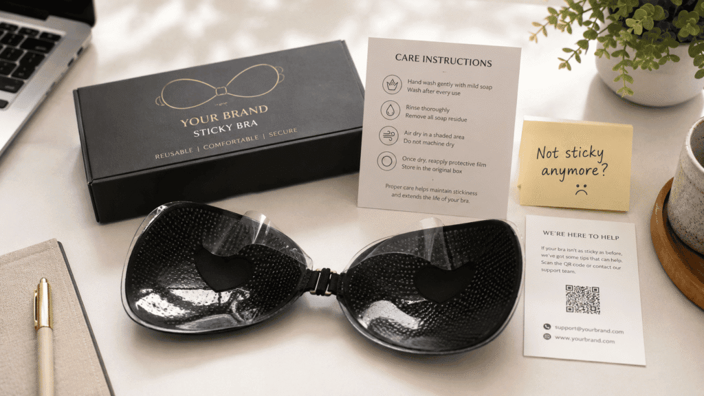 Private label sticky bra displayed with packaging and care instruction card for adhesive bra customer support