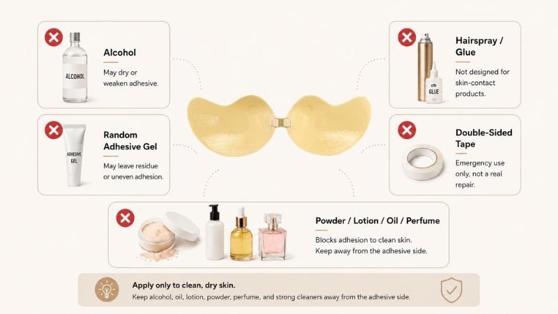 After-sales care warning card for sticky bra sellers showing products customers should avoid using on adhesive bras
