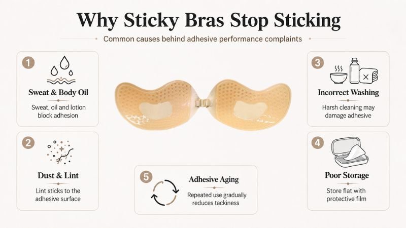 Infographic showing common reasons why sticky bras stop sticking, including sweat, oil, lint, incorrect washing, poor storage, and adhesive aging